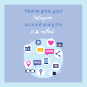 A blue and purple graphic reading " How to grow your instagram account using the $1.80 Method." Below the text there is a web of icons. The icons include a heart, phone, lightbulb, location point and gear.