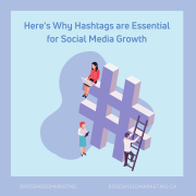 Here's why hashtags are essential for social media growth, with a woman working on a computer sitting on the side of a huge hashtag graphic.