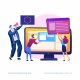 Graphic of a man and a women touching different parts of the website on a screen. There is another man off the sign holding an EU flag and a megaphone to their mouth