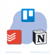 Image of the logos of the productivity platforms that the team uses. Trello, Todoist and Notion.