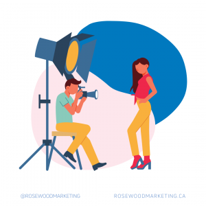 A graphic of a man sitting on a stool taking a photo of a women. These will be used to update the website photos.