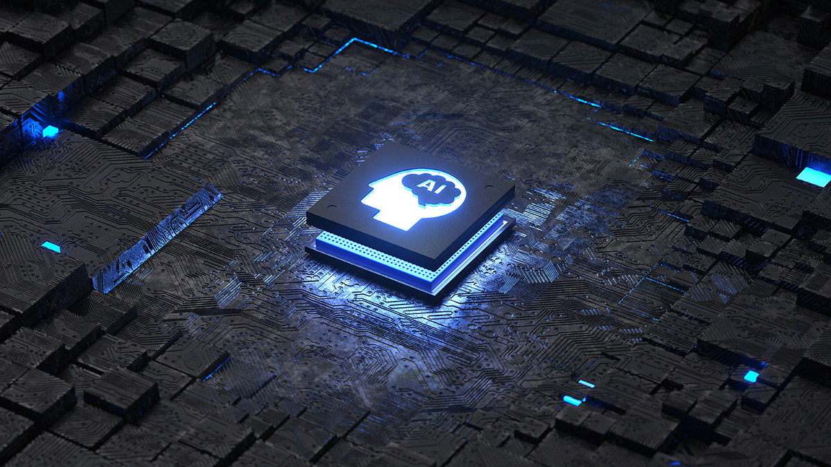 Glowing AI Button on top of a slate brick background